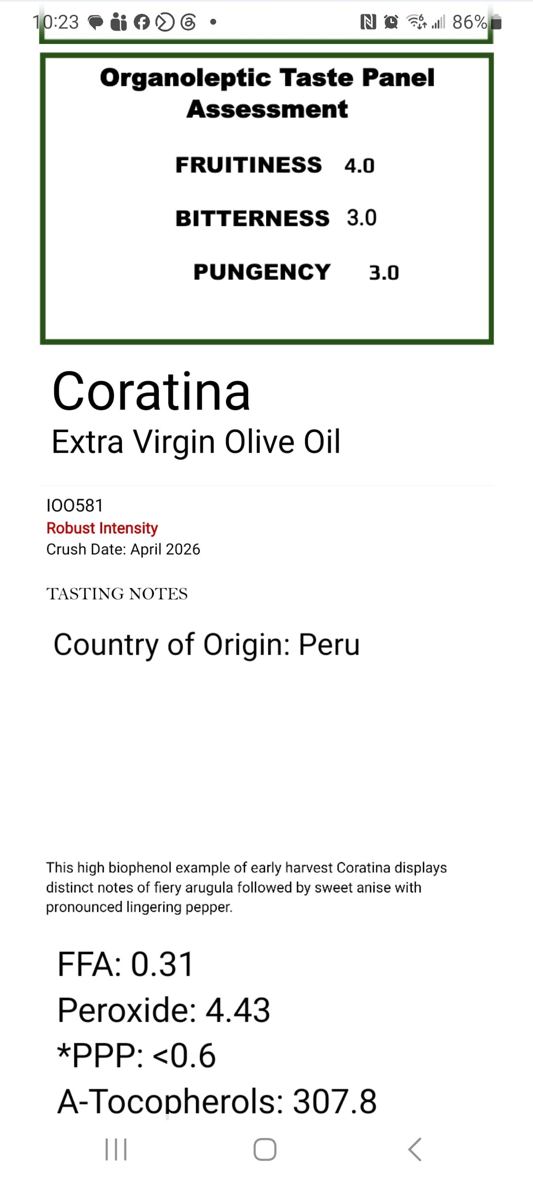 2026 Coratina Extra Virgin Olive Oil